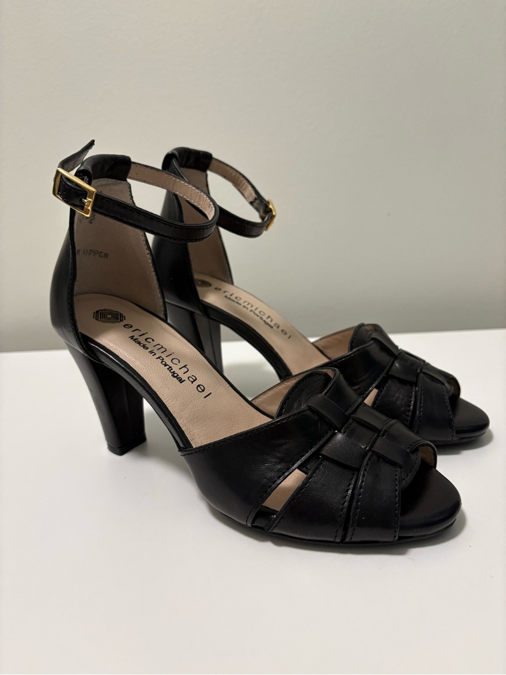 New Black Leather Ankle-Strap Heels Eric Michael size 35